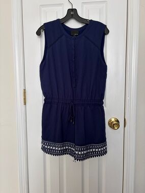 Greylin Navy Blue Sleeveless Drawstring Romper with Crochet Hem